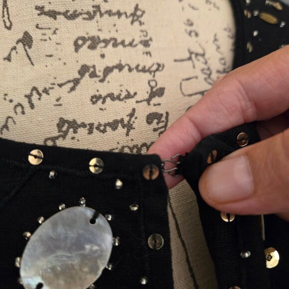 Versailles Black Linen Jacket with Beads and Mother of Pearl, Sz 14 - Picture 5 of 11